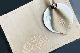 Placemat & Napkin set -Beige with beige coral embroidery